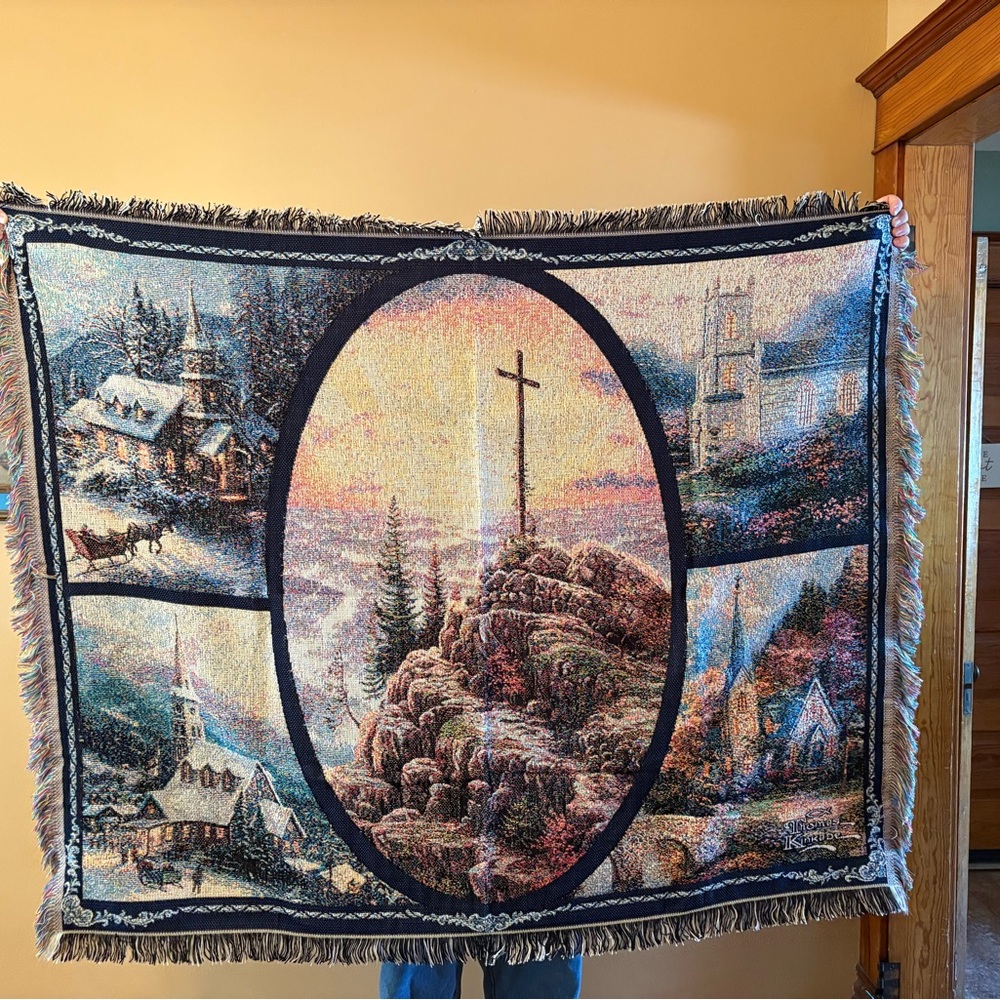 Thomas Kinkade Blue and Brown Blanket with Scenic Design